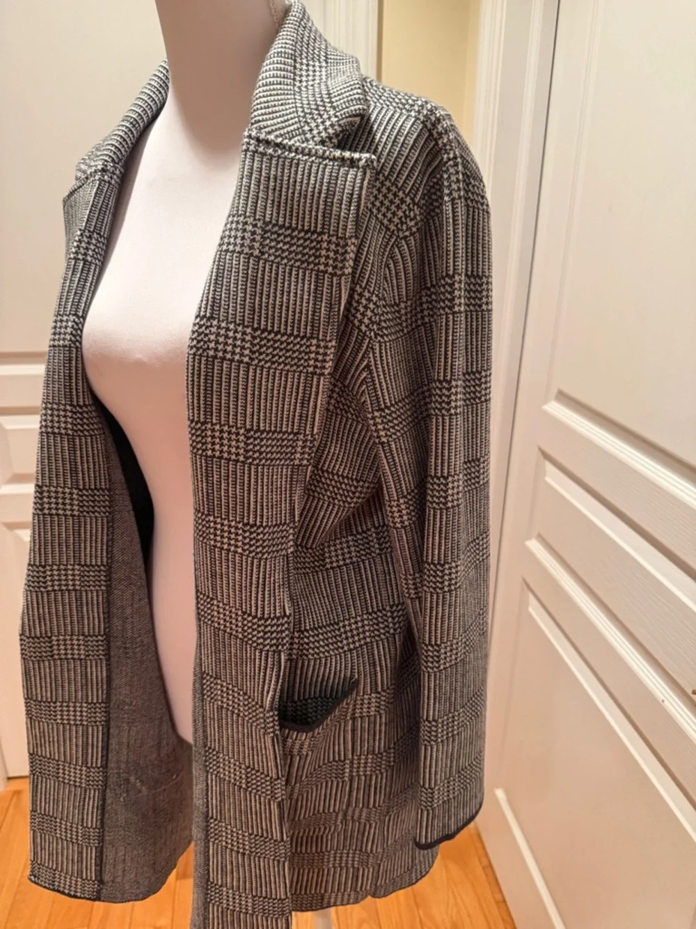 J. Crew Black and Gray Plaid Open-Front Knit Blazer